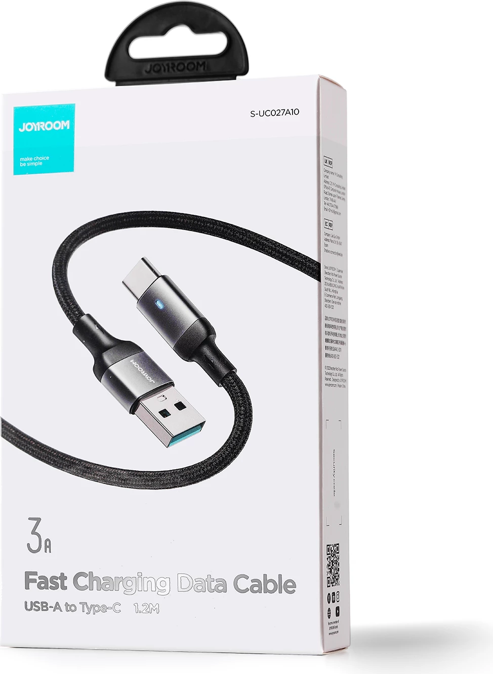 Kabllo USB-A në USB-C Joyroom Extraordinary Series A10 S-UC027A10B 1.2 m 3A LED, e zezë