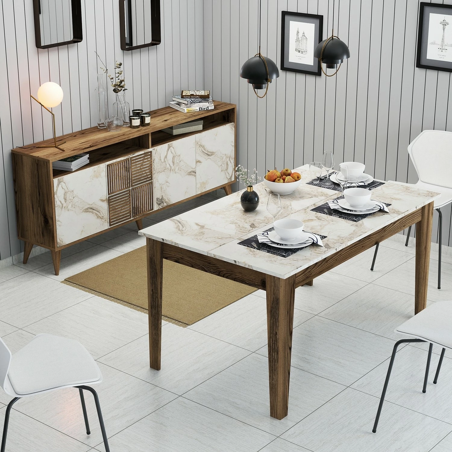 Set mobiljesh për dhomë dite, Milan 523, ngjyrë arre dhe e bardhë