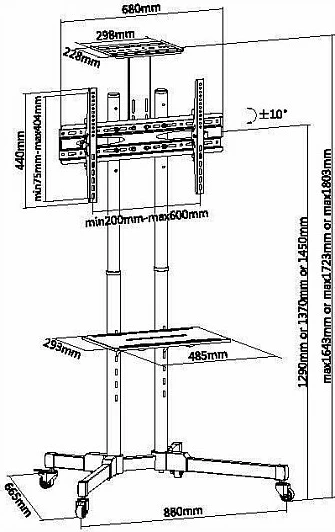 Karrocë TV EQUIP 650603, 37-70", VESA 200x200-600x400, 50 kg, me rrota, e zezë