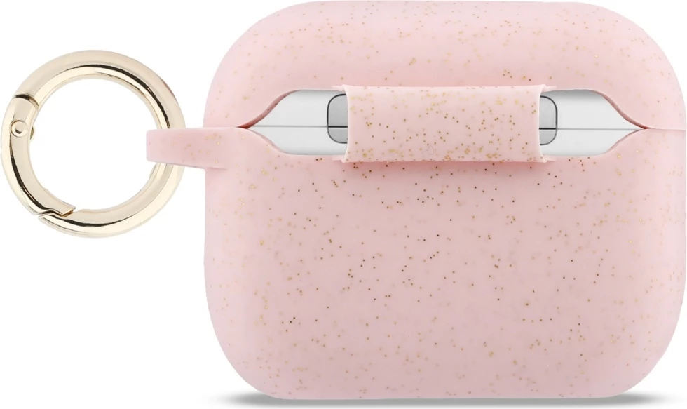 Mbështjellës silikoni Guess Silicone Glitter Ring për AirPods Pro 3, me glitter dhe karabinë, rozë, në kuti