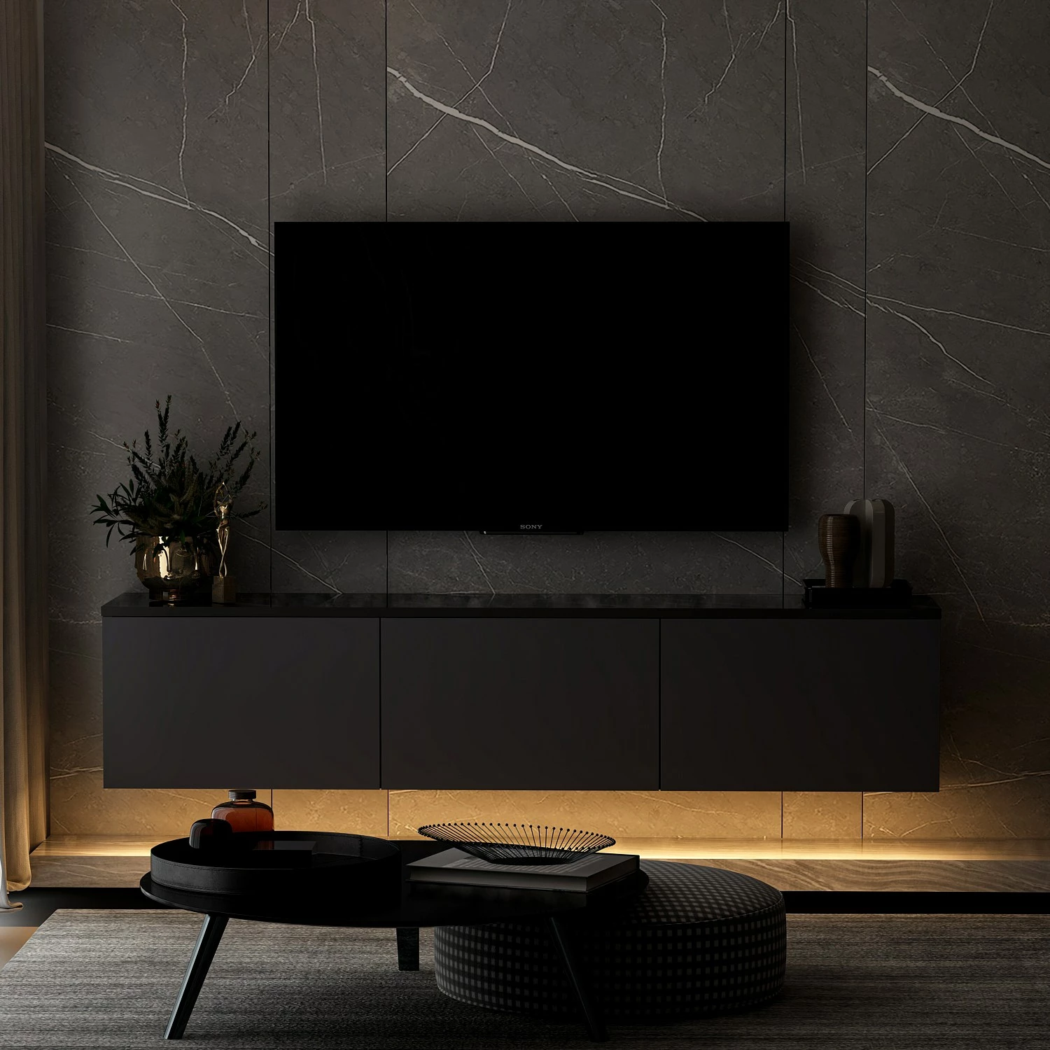 Komodë TV me ndriçim neon, ngjyrë antracit, Skye Decor