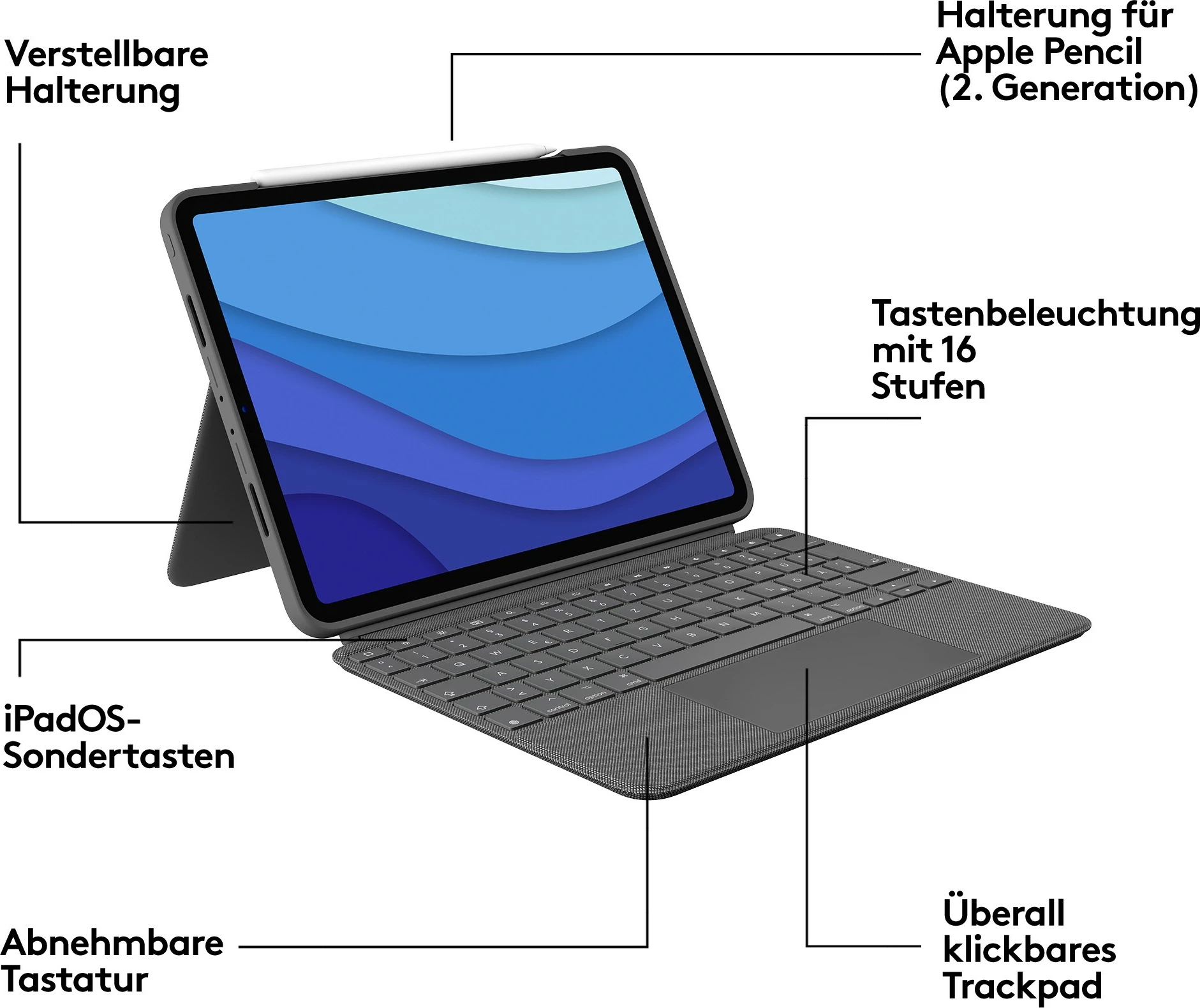 Mbështjellës tastierë Logitech Combo Touch, AZERTY, Trackpad, iPad, Gri