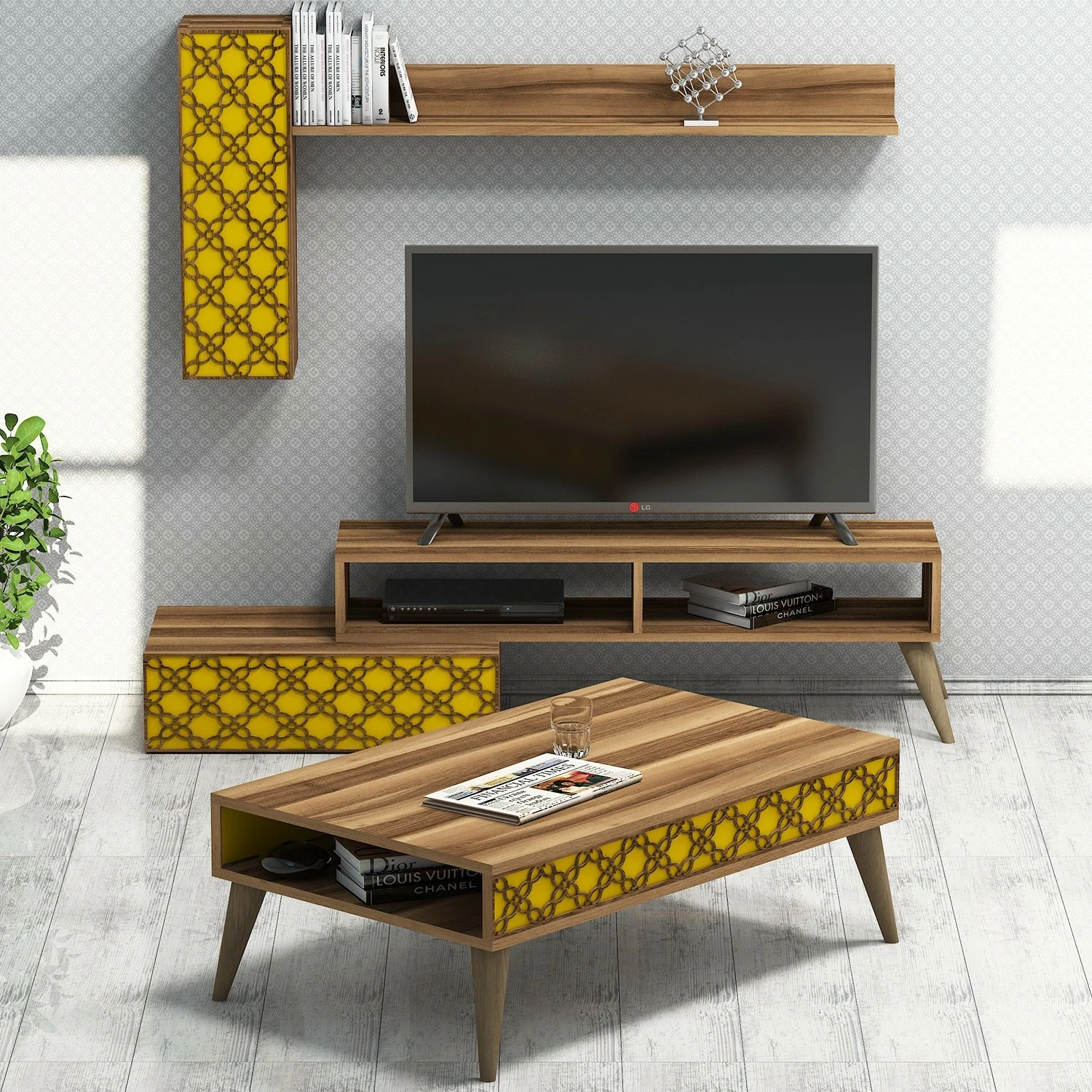 Set mobiljesh për dhomë dite, Skye Decor, ngjyrë arrë, e verdhë