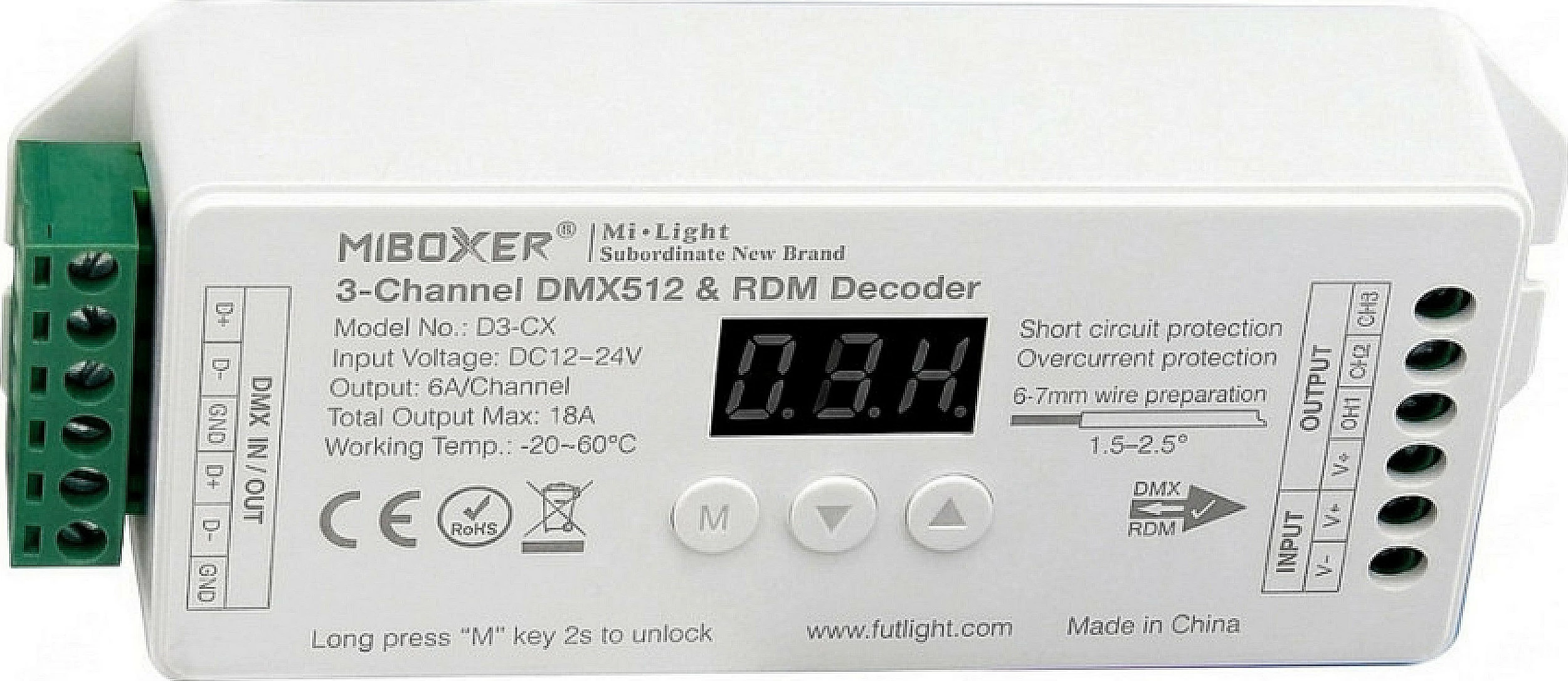 Dekoder LED DMX Miboxer D3-CX, 3-kanal, DC 12-24V, DMX512/RDM