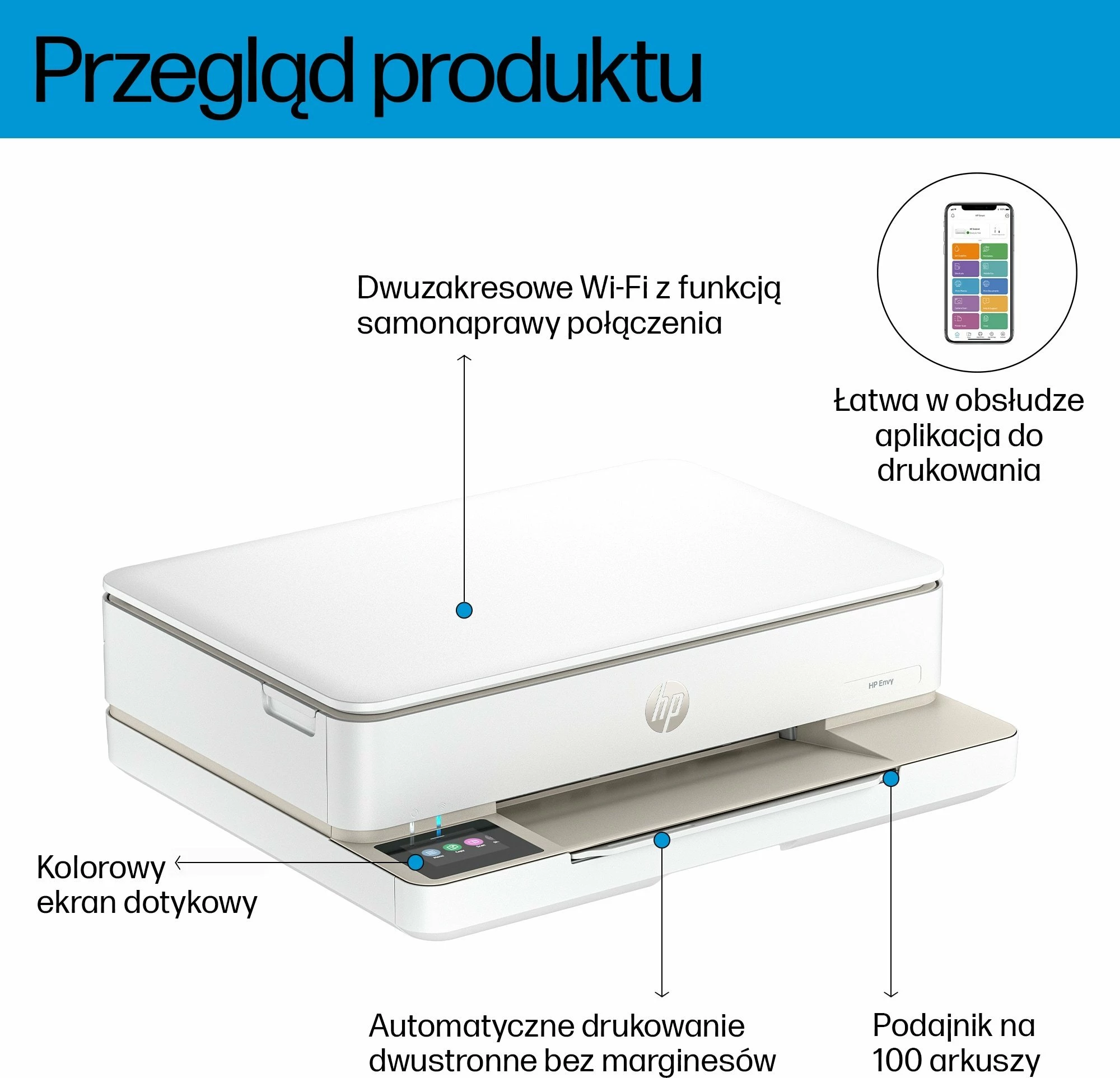 Printer multifunksional HP ENVY 6120e (714L8B) A4, inkjet, Wi‑Fi, printim dyanshëm, ekran me prekje, bardhë/bezhë
