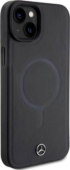Mbështjellës Mercedes Smooth Leather MagSafe për iPhone 15 Plus, i zi