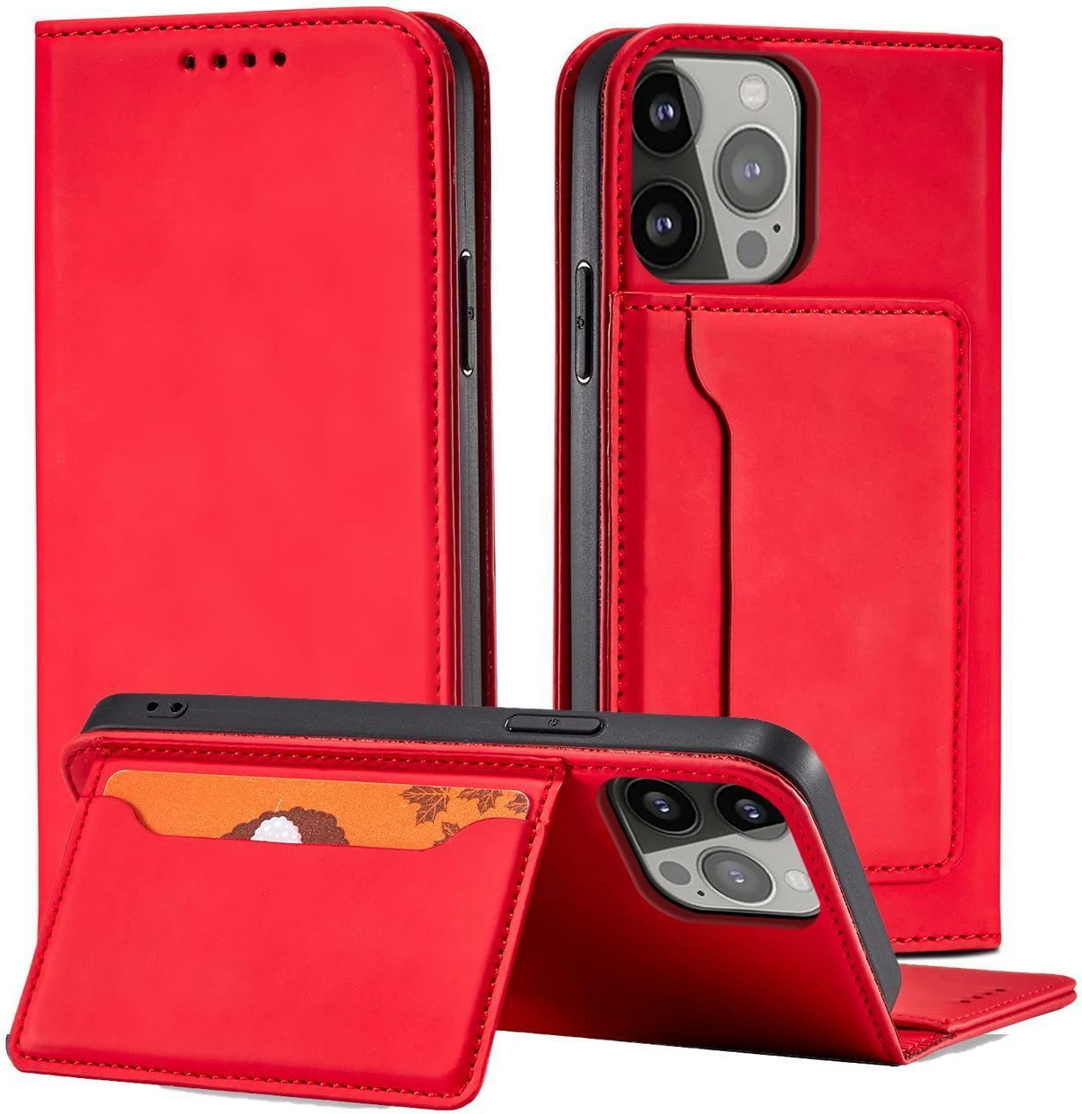 Mbështjellës Hurtel Magnet Card Case për Samsung Galaxy S23+, me kapak, xhep kartelash, i kuq