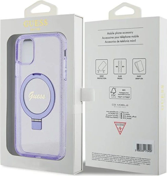 Mbështjellës Guess Ring Stand Script Glitter MagSafe për iPhone 11/XR, vjollcë