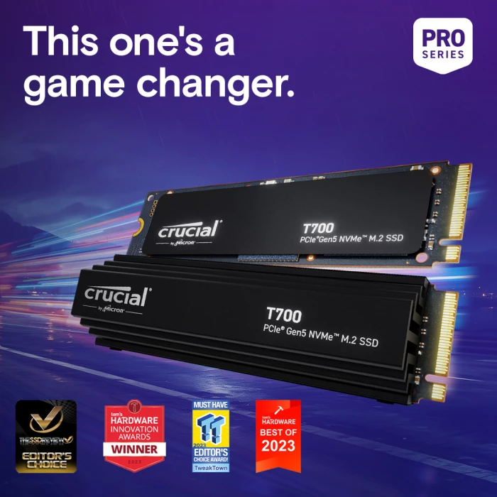 SSD NVMe M.2 Crucial T700 CT2000T700SSD5 2TB PCIe Gen5 me heatsink, e zezë