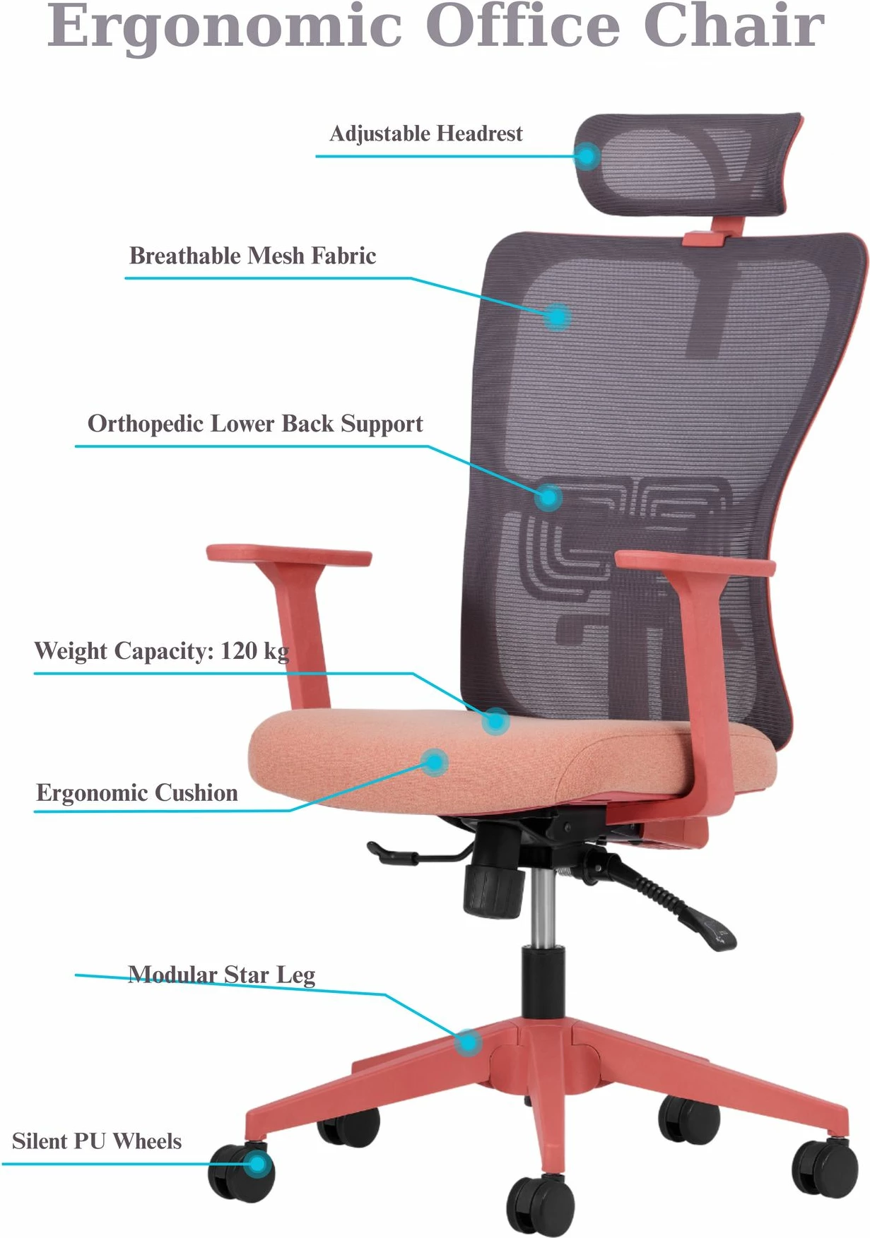 Karrige zyre ergonomike, ngjyrë salmon, Skye Decor, 126 cm