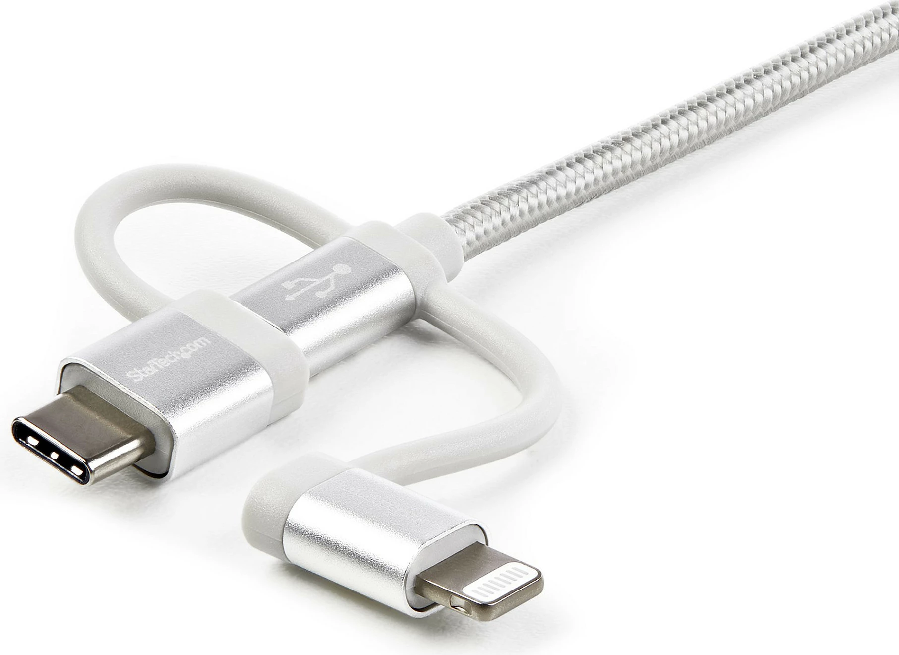 Kabllo karikimi 3-n-1 StarTech LTCUB1MGR, USB-A në Micro-USB/USB-C/Lightning, 1 m, e thurur, argjendtë