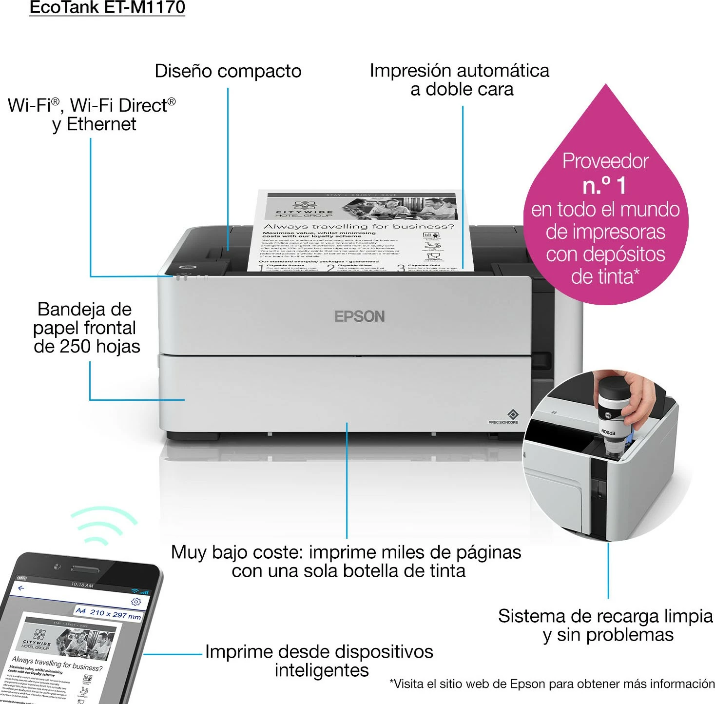 Printer Epson EcoTank ET-M1170, 1200 x 2400 DPI, A4, 20000 faqe në muaj, 39 ppm, Printim duplex, Gri