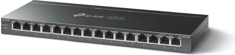 Switch i pamenaxhuar, TP-Link TL-SG116P, 16x Gigabit RJ45 me PoE+, buxhet PoE 120W, metal, desktop/rack