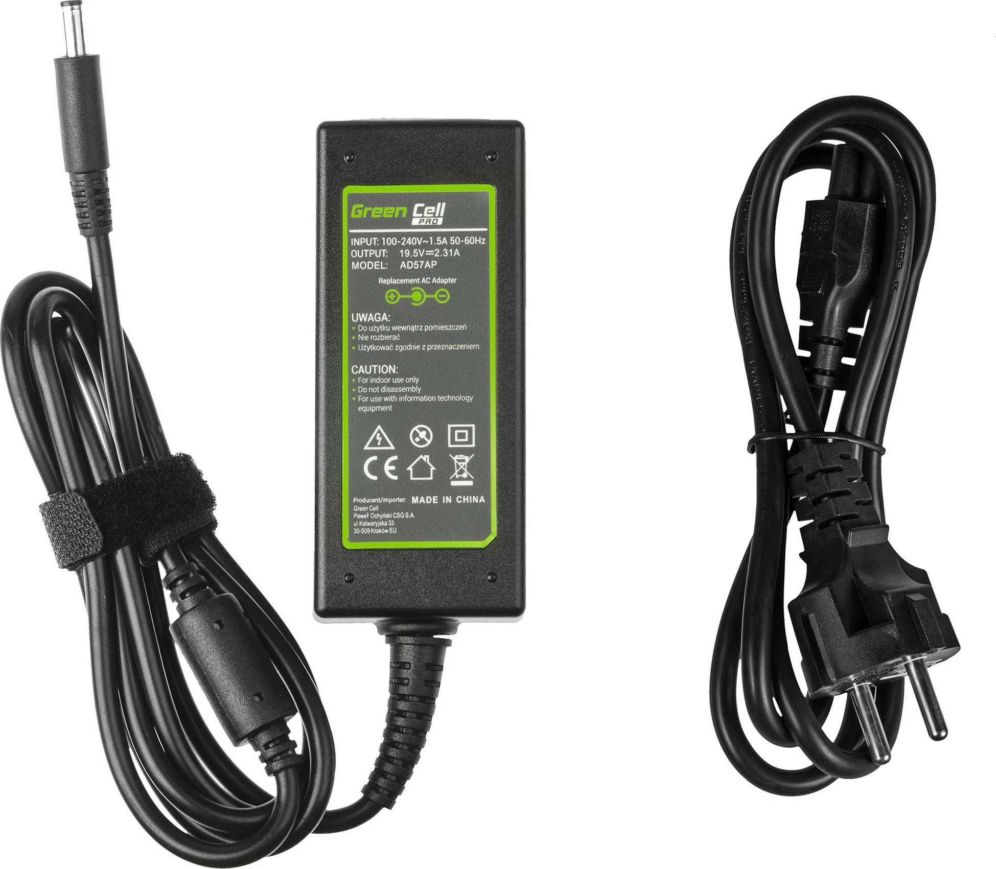 Adapter rryme për laptop Green Cell PRO AD57AP 45W 19.5V 2.3A 4.5x3.0mm, i zi, me kabllo rryme