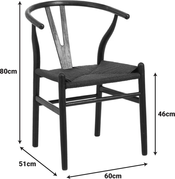 Karrige Wishbone, dru kauçuku, litar sintetik, ngjyrë e zezë, 60x51x80cm