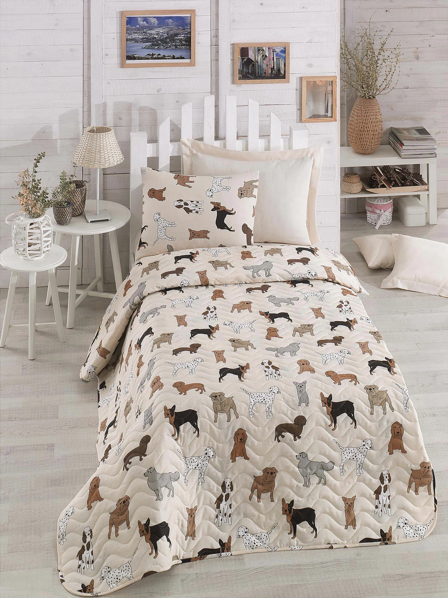 Set mbulesë krevati e qepur për një person, dizajn me qen, ngjyrë krem, L'essentiel, Havhav