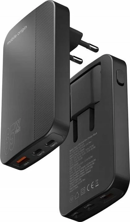 Karikues rrjeti Mobile Origin GaN-65W-SLM-BLK 65W 1x USB-A 2x USB-C, i zi