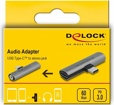 Adapter audio DeLOCK USB-C në 3.5mm + USB-C PD, 60W, i hirtë
