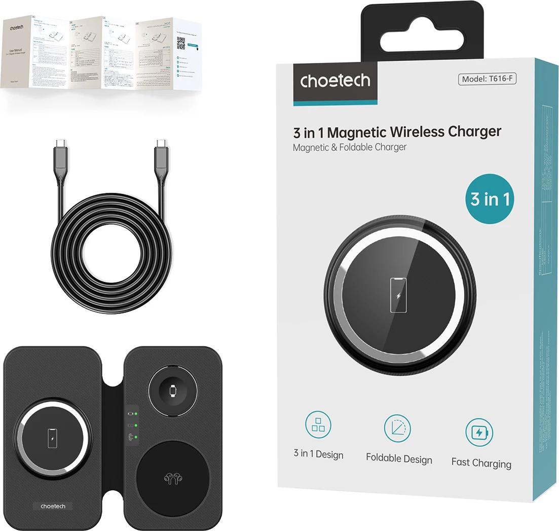 Karikues wireless 3-në-1 Choetech T616-F, me LED, me kabllo USB-C, i zi