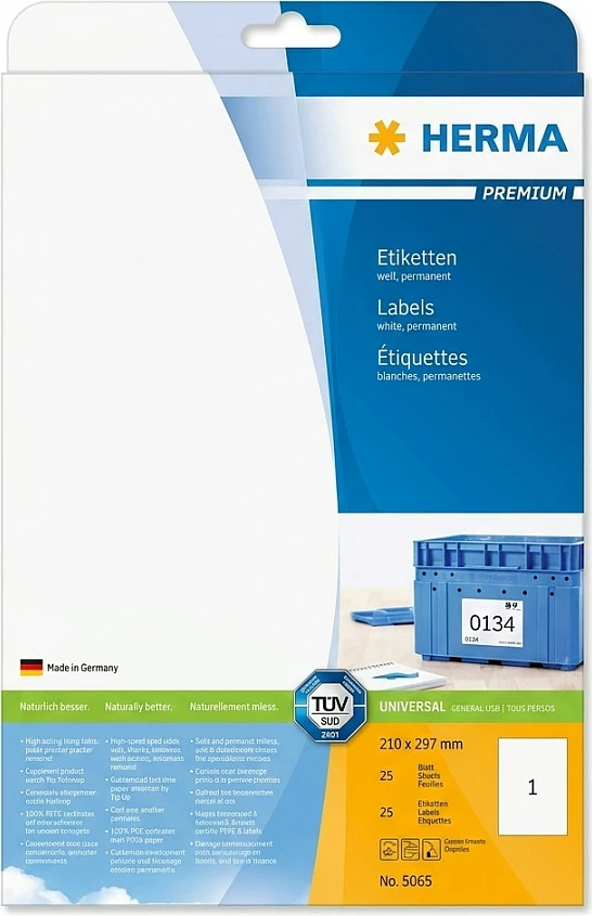 Etiketa ngjitëse HERMA Premium A4 210x297 mm, 25 fletë, të bardha