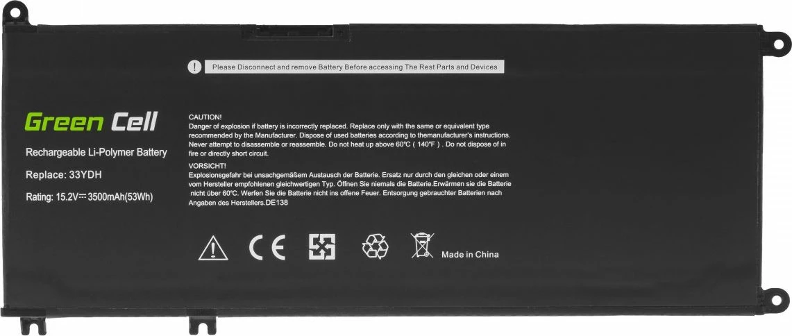 Bateri laptopi Green Cell 33YDH DE138 3400mAh 15.2V Li-Poly 4-qeliza, e zezë