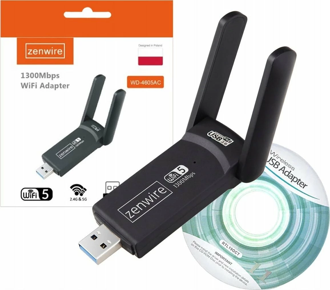 Adapter WiFi USB 3.0 Zenwire WD-4605AC 1300Mbps Dual Band 2.4/5GHz, i zi
