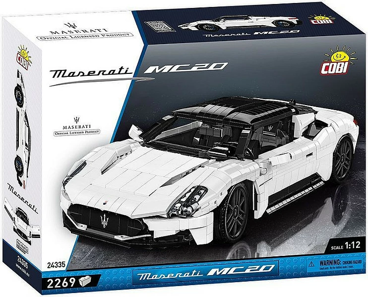Blloqe ndërtimi Cobi Maserati MC20, 2269 copë, shkallë 1:12, bardhë/zi
