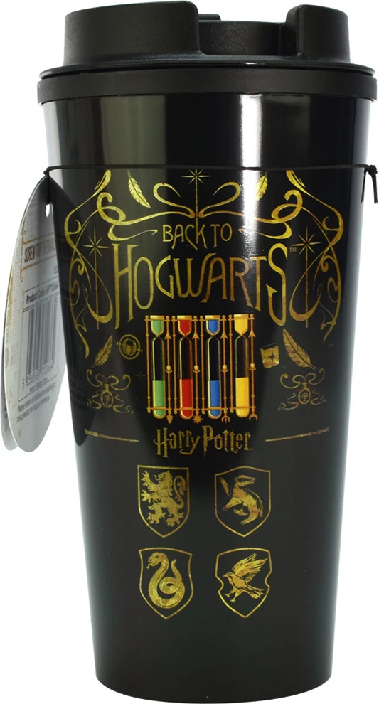 Mug udhëtimi termik BLUE SKY Harry Potter Hogwarts Crest 450 ml, me kapak me vidë, dyfish mur, e zezë