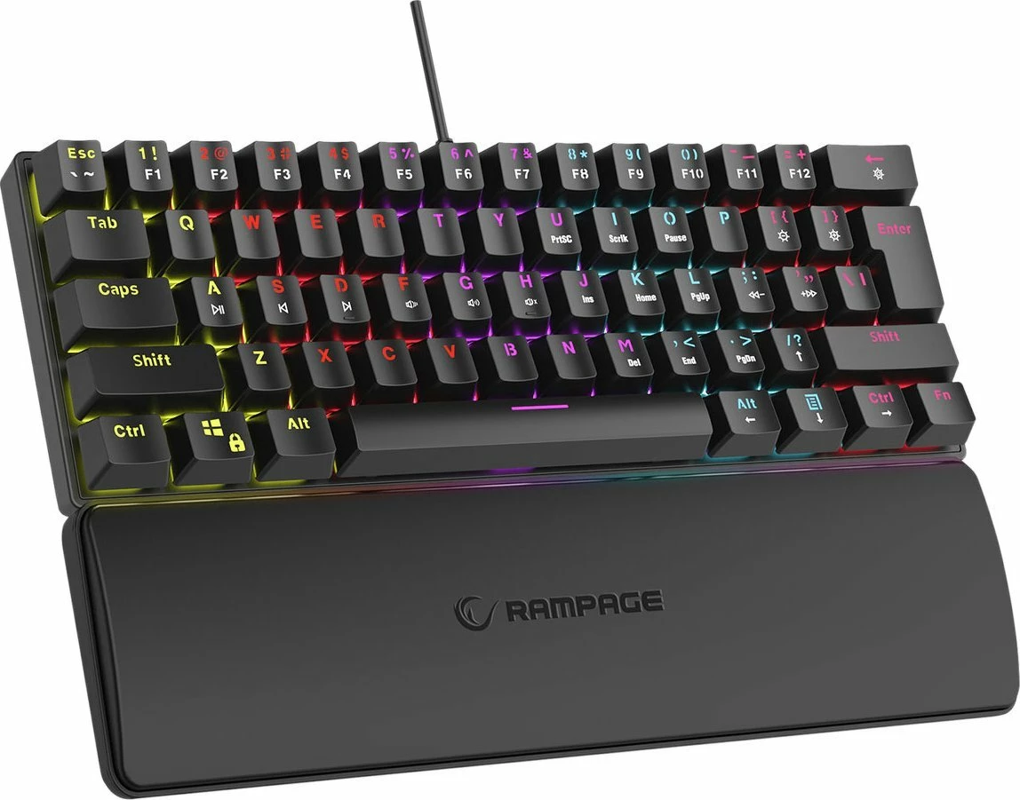 Tastierë mekanike gaming Rampage Plower K60 60%, RMP Blue Switch, RGB, USB, US layout, e zezë, me pushimore dore