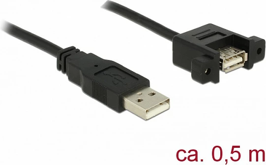 Kabllo zgjatëse USB DeLOCK 85461, USB-A mashkull në USB-A femër me montim paneli, 0.5 m, USB 2.0, e zezë