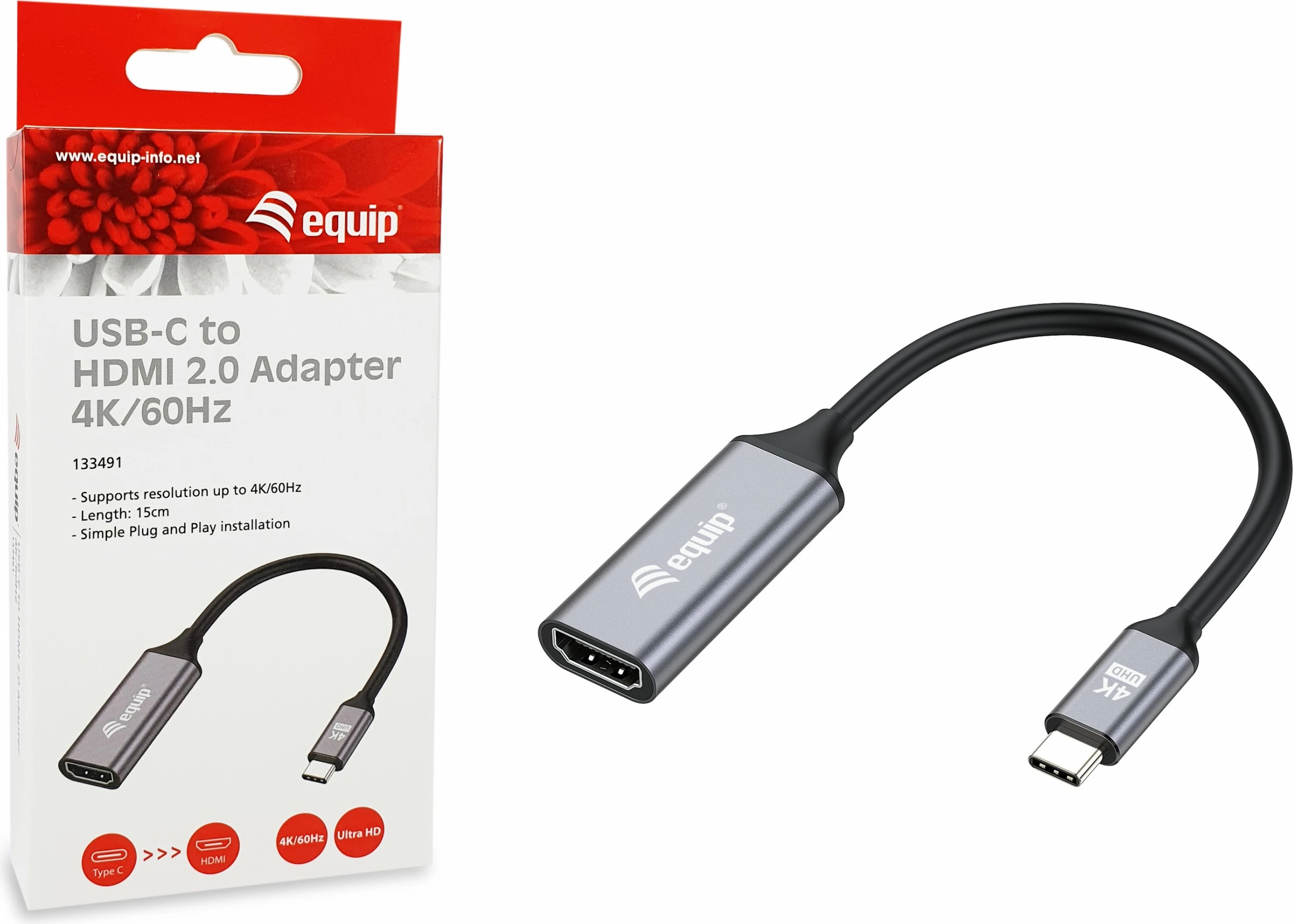 Adapter USB-C në HDMI 2.0 Equip, 4K/60Hz, 0.15m, i zi/gri