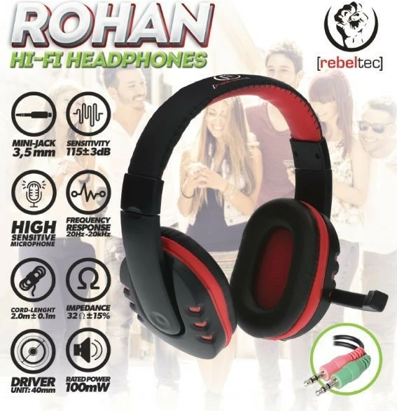 Kufje Rebeltec Rohan me mikrofon, 2x 3.5mm, e zezë/kuqe