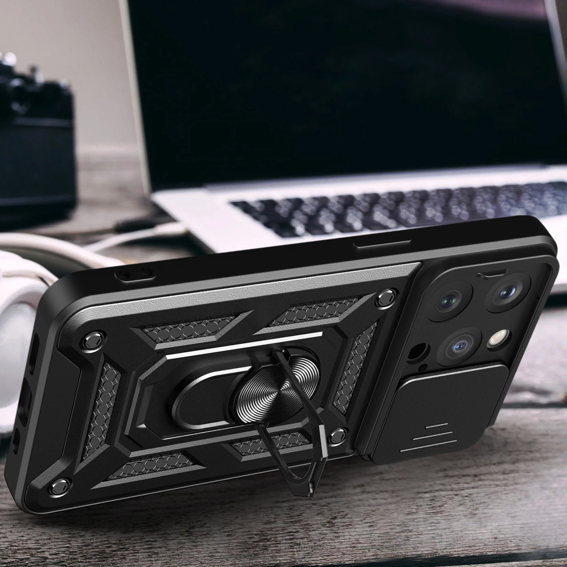 Mbështjellës Hurtel Armor Camshield me stand dhe mbulesë kamere për iPhone 15 Pro Max, i zi