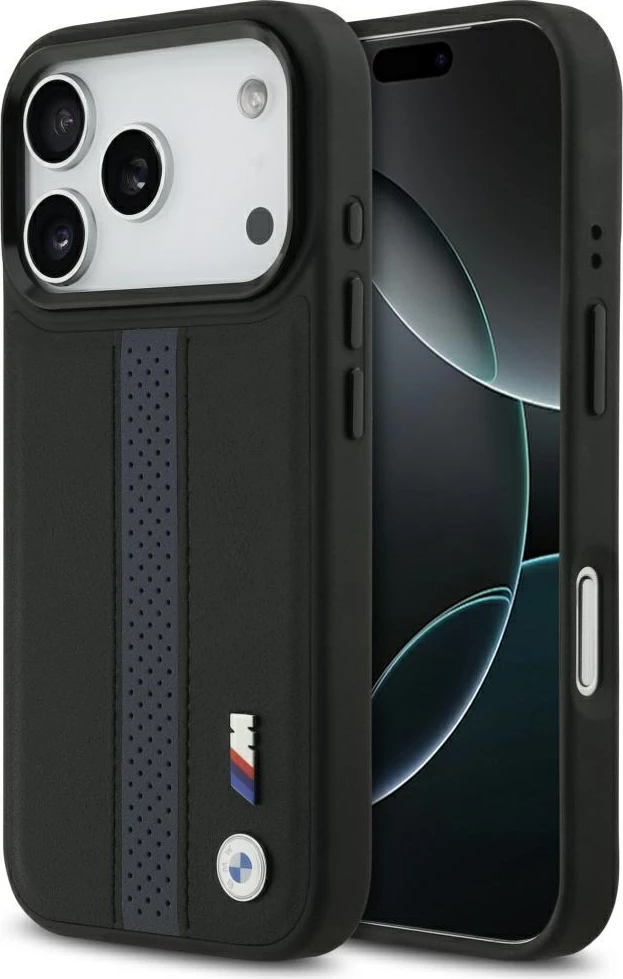 Mbështjellës BMW M Perforated Stripe Logo MagSafe për iPhone 17 Pro, eco-lëkurë/PC/TPU, blu, në kuti
