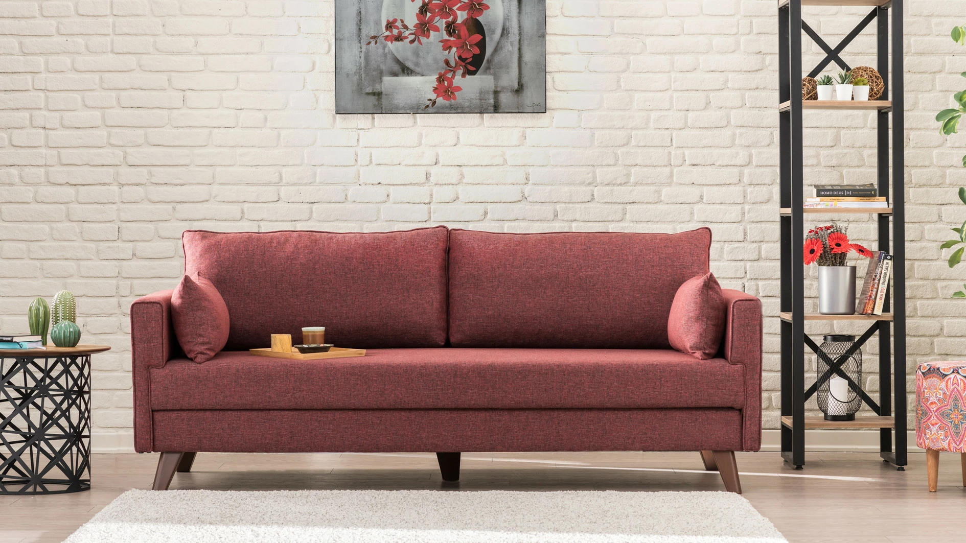 Divan-krevat treshe, ngjyrë e kuqe Claret, Bella Sofa Bed