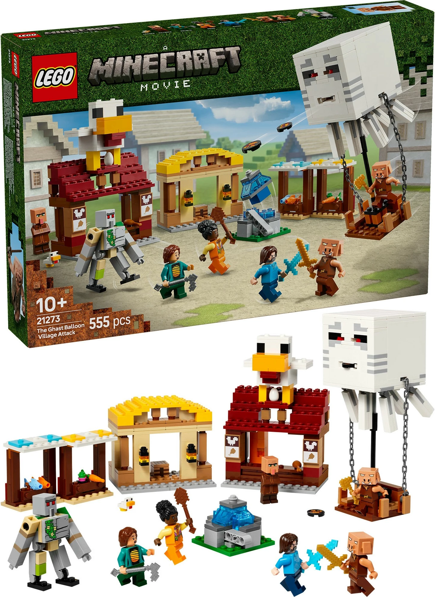 Set ndërtimi LEGO The Ghast Balloon Village Attack, 555 pjesë, plastikë, shumëngjyrësh