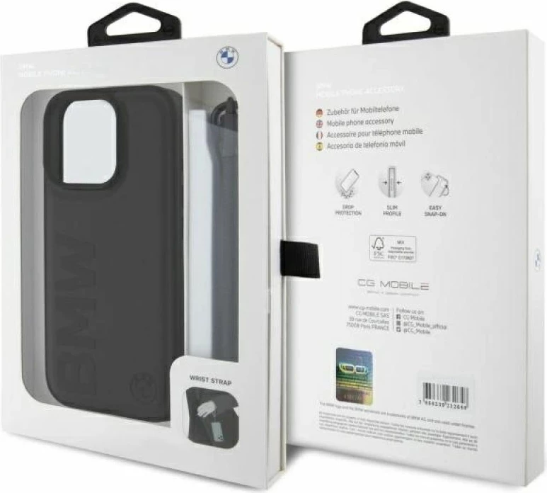 Kuti telefoni BMW Signature Leather Wordmark Cord për iPhone 16 Pro, e zezë