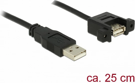 Kabllo zgjatëse USB DeLOCK 85462, USB-A mashkull në USB-A femër (panel mount), 0.25 m, USB 2.0, e zezë