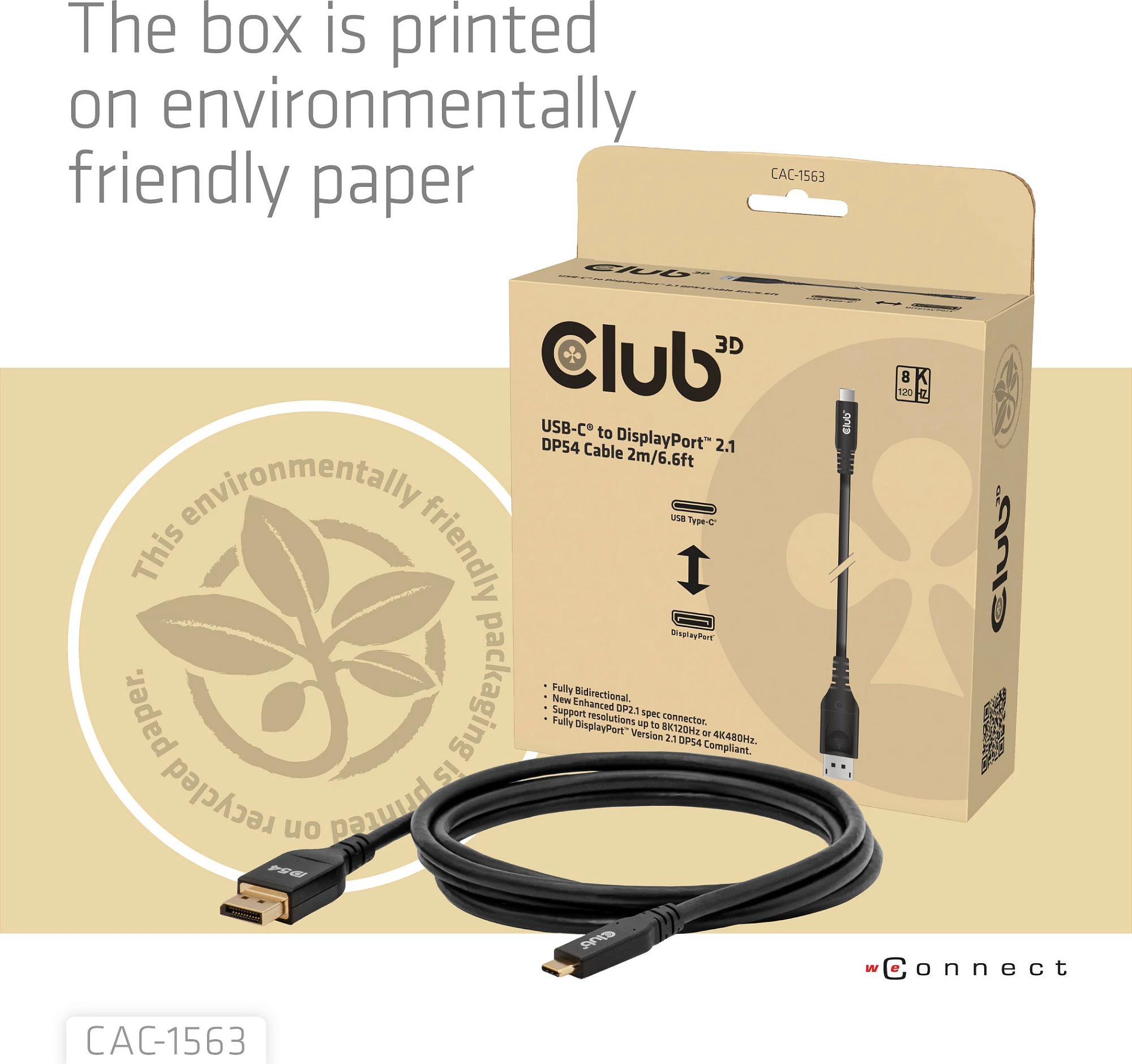 Kabllo Club 3D CAC-1563 USB-C në DisplayPort 2.1, 2 m, 8K, DP54, e zezë