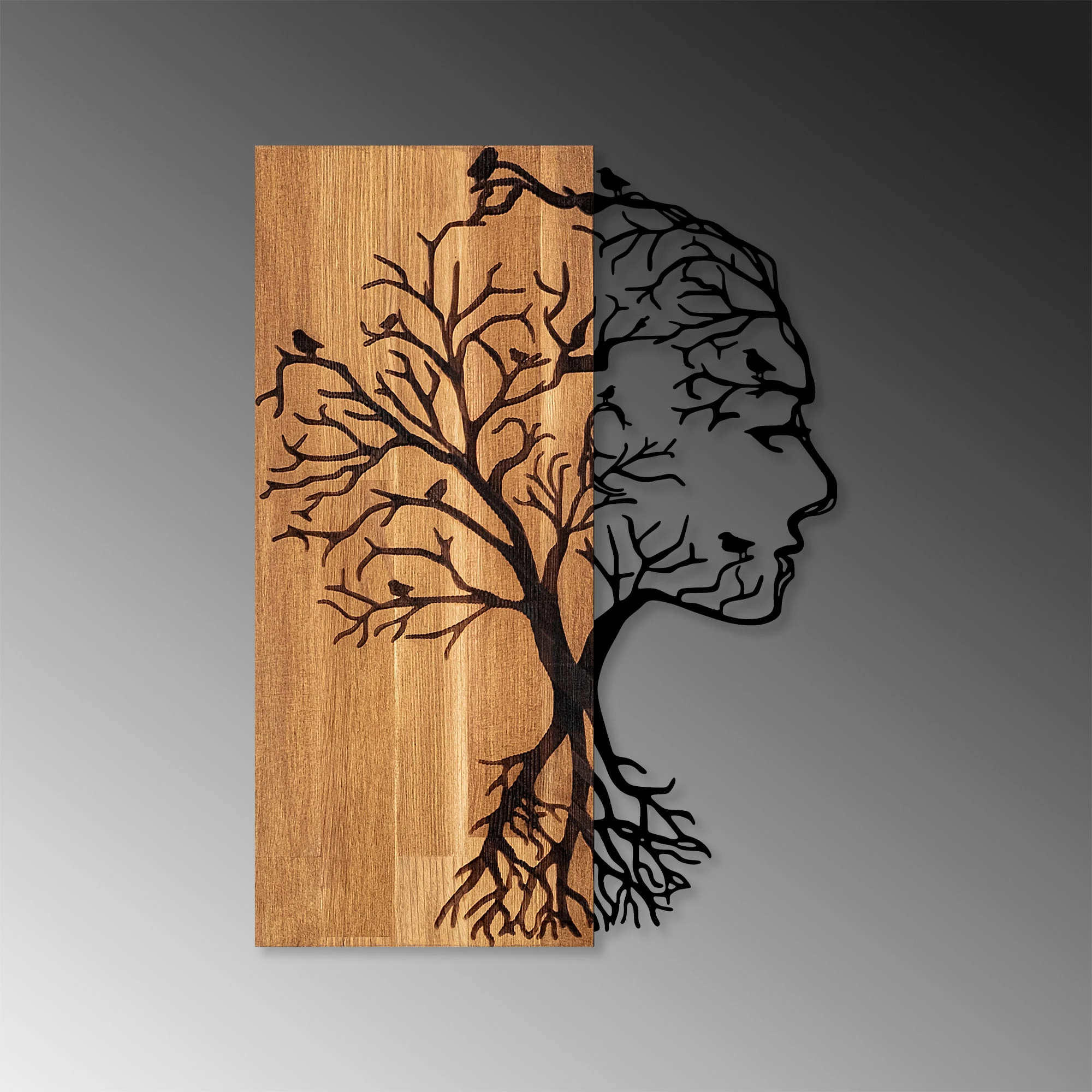 Aksesor dekorativ muri, dru dhe metal, fytyrë gruaje, Wallity, ngjyrë arre/zezë, 43x58cm