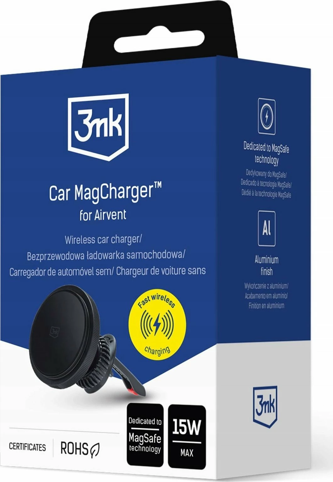 Mbajtës magnetik me karikim wireless për ventila makine 3MK Car MagCharger MagSafe 15W, i zi