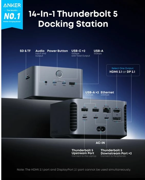 Docking station Anker Prime A83B53A1 14-në-1 Thunderbolt 5 8K 140W PD 3.1 2.5GbE gri