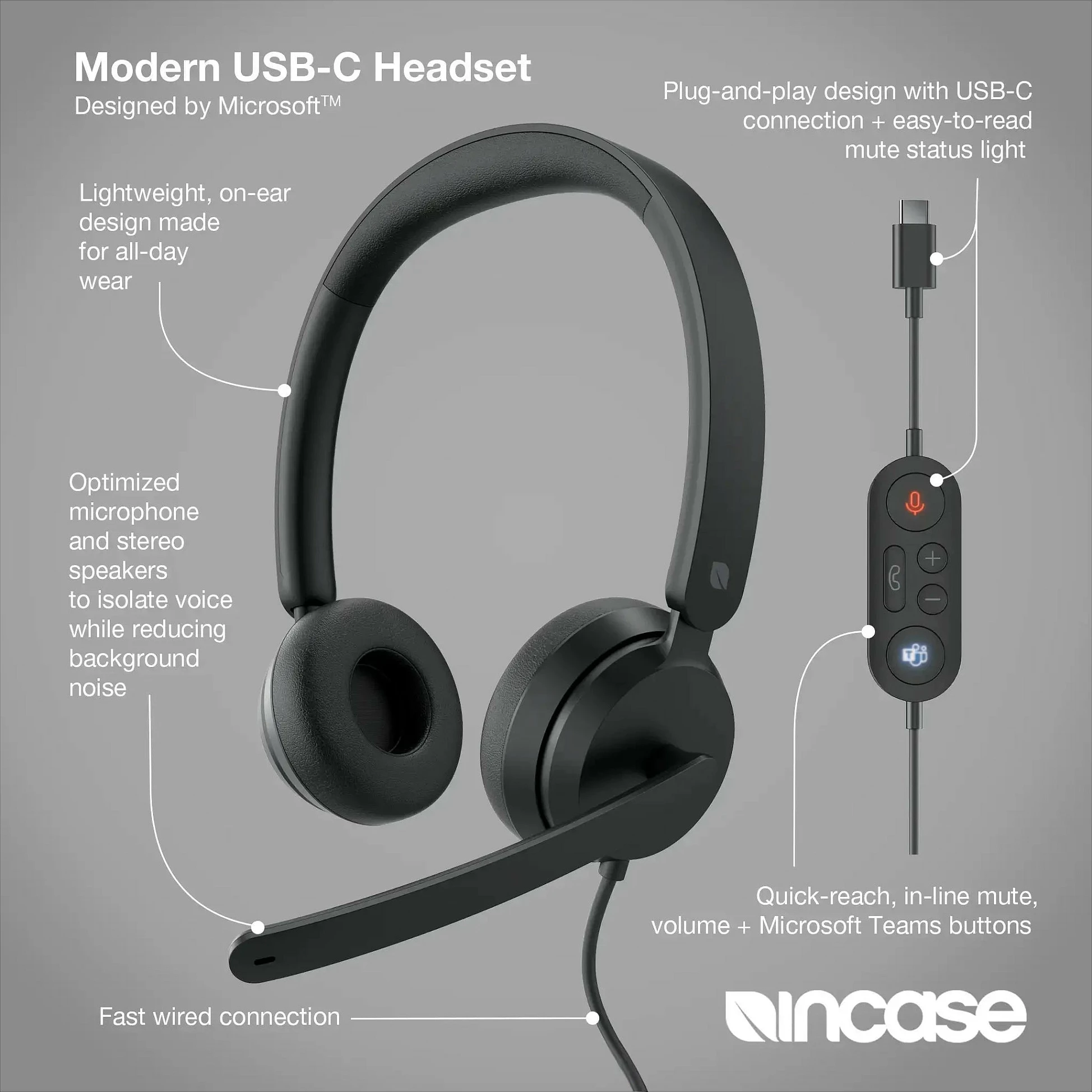 Kufje Incase Modern USB-C Headset (Designed by Microsoft), me kabllo, mikrofon boom me anulim zhurme, të zeza