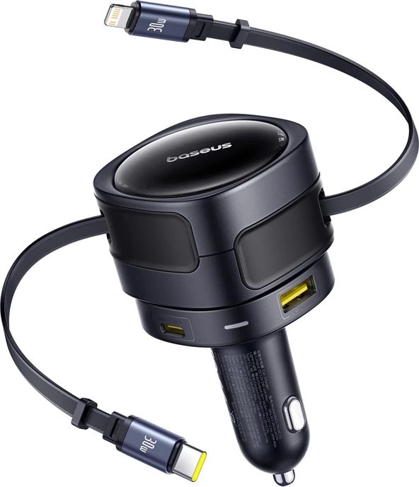 Karikues veture Baseus Enjoyment Max, 90W, 2 kabllo të integruara USB-C + Lightning, 2 porta USB-A + USB-C, zi