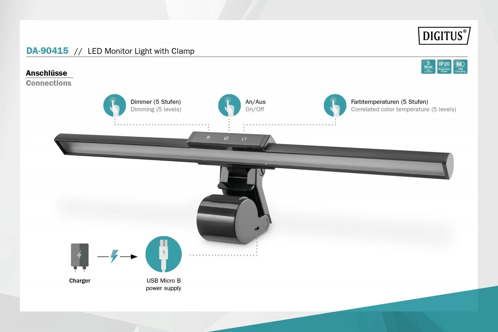 Llambë LED për monitor Digitus DA-90415, 5W, 250lm, e zezë