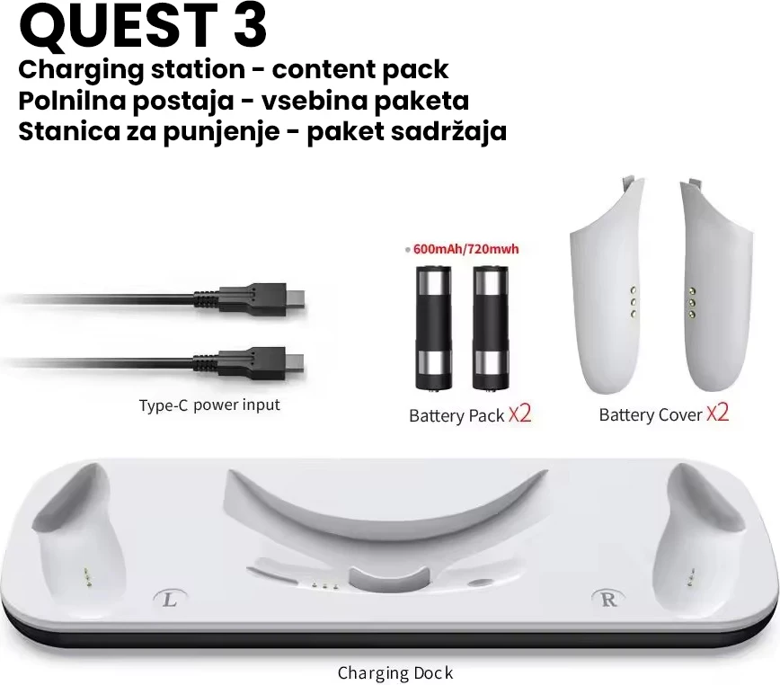 Stacion karikimi Meta Quest 3, 27 W, me bateri të rikarikueshme, i bardhë