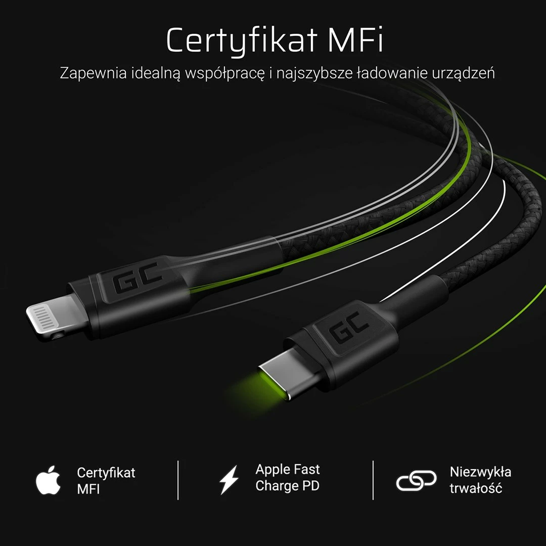 Kabllo Green Cell KABGC07, 1 m, USB-C në Lightning, e zezë