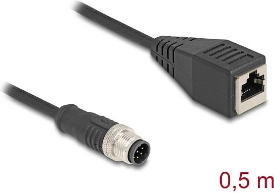 Kabllo DeLOCK M12 A-code 8-pin mashkull në RJ45 femër, Cat5e, 0.5 m, e zezë