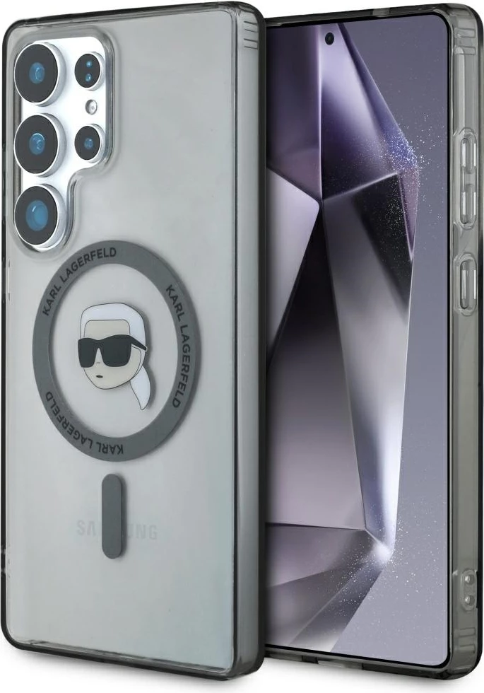 Mbështjellës Karl Lagerfeld Button Karl Head Printed Logo MagSafe për Samsung Galaxy S25 Ultra, i zi