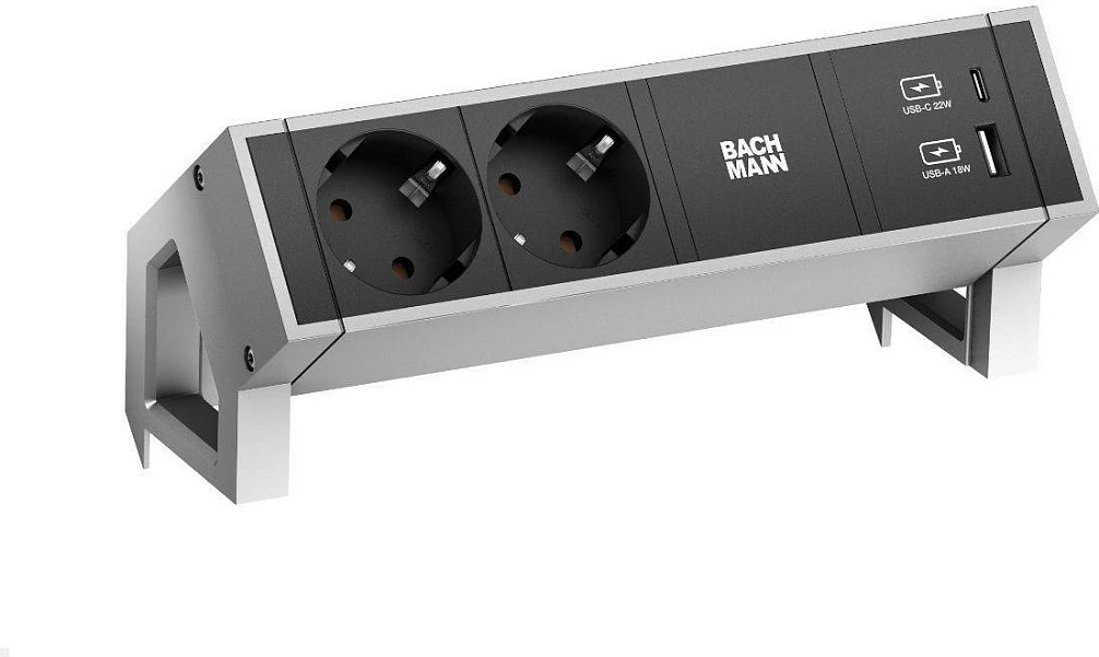 Zgjatës tavoline Bachmann Desk 2, 2x prizë Type F, 2x USB, 209 mm, Zi/Argjend